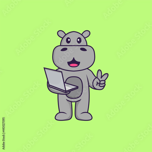 Cute hippopotamus holding laptop. Animal cartoon concept isolated. Can used for t-shirt, greeting card, invitation card or mascot. Flat Cartoon Style