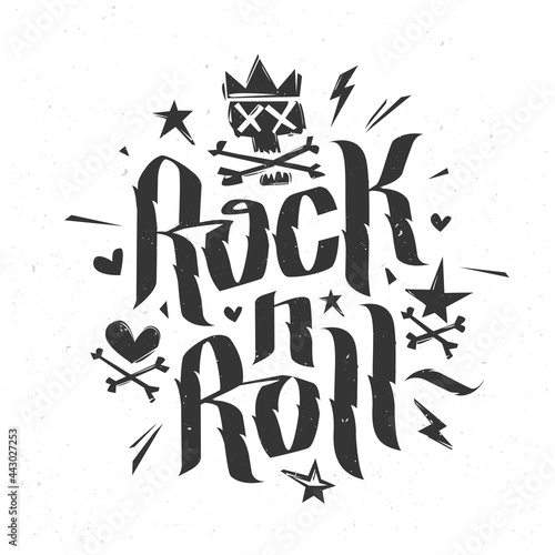 Rock n Roll music Grunge style lettering print tee or poster isolated vector. Doodle style Punk skull with crown. Rock n Roll culture vintage  print stamp t-shirt. Vector lettering artwork