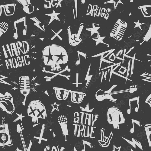 Rock n Roll  grunge style seamless pattern with doodle punk elements. Endless hand drown fashion background isolated from black. Rock n Roll for badge, Tee print stamp t-shirt, print fabric texture