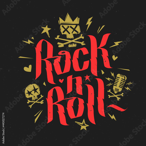 Rock n Roll music Grunge lettering print tee and doodle style Punk skull with crown. Rock n Roll culture vintage print stamp t-shirt or poster design. Vector lettering artwork