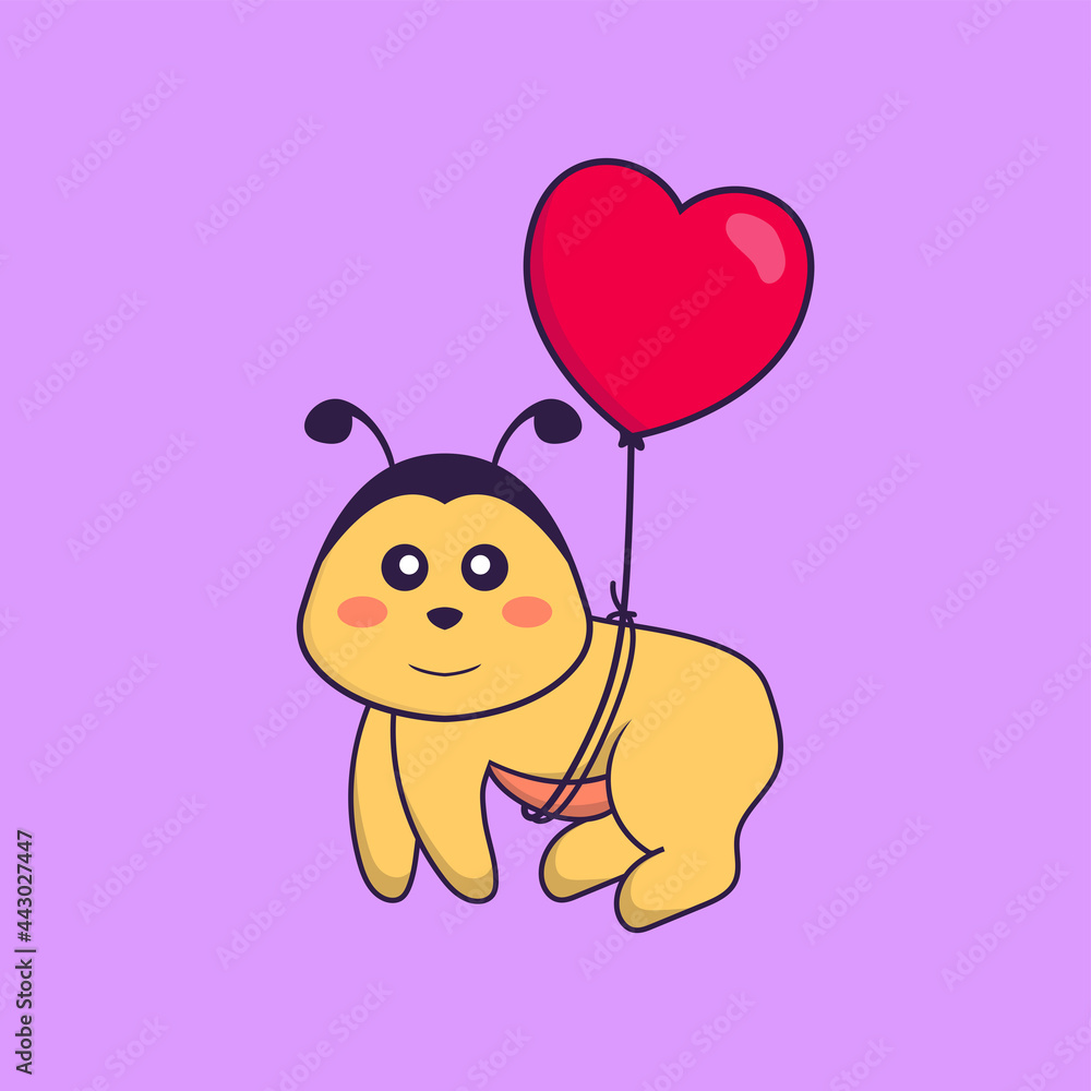 Cute bee flying with love shaped balloons. Animal cartoon concept isolated. Can used for t-shirt, greeting card, invitation card or mascot. Flat Cartoon Style Cute bee flying with love shaped balloons. Animal cartoon concept isolated. Can used for t-shirt, greeting card, invitation card or mascot. Flat Cartoon Style
