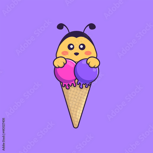 Cute bee with sweet ice cream. Animal cartoon concept isolated. Can used for t-shirt, greeting card, invitation card or mascot. Flat Cartoon Style