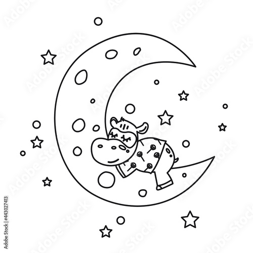 Coloring page antistress. Little hippopotamus sleeping on the moon isolated on a white background.Vector illustration for art therapy, antistress coloring book for adults and children.