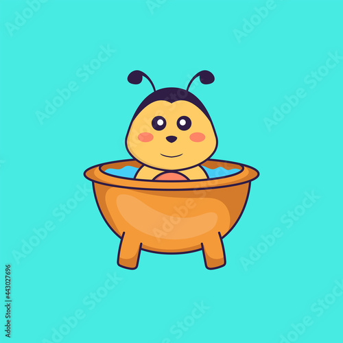 Cute bee taking a bath in the bathtub. Animal cartoon concept isolated. Can used for t-shirt, greeting card, invitation card or mascot. Flat Cartoon Style