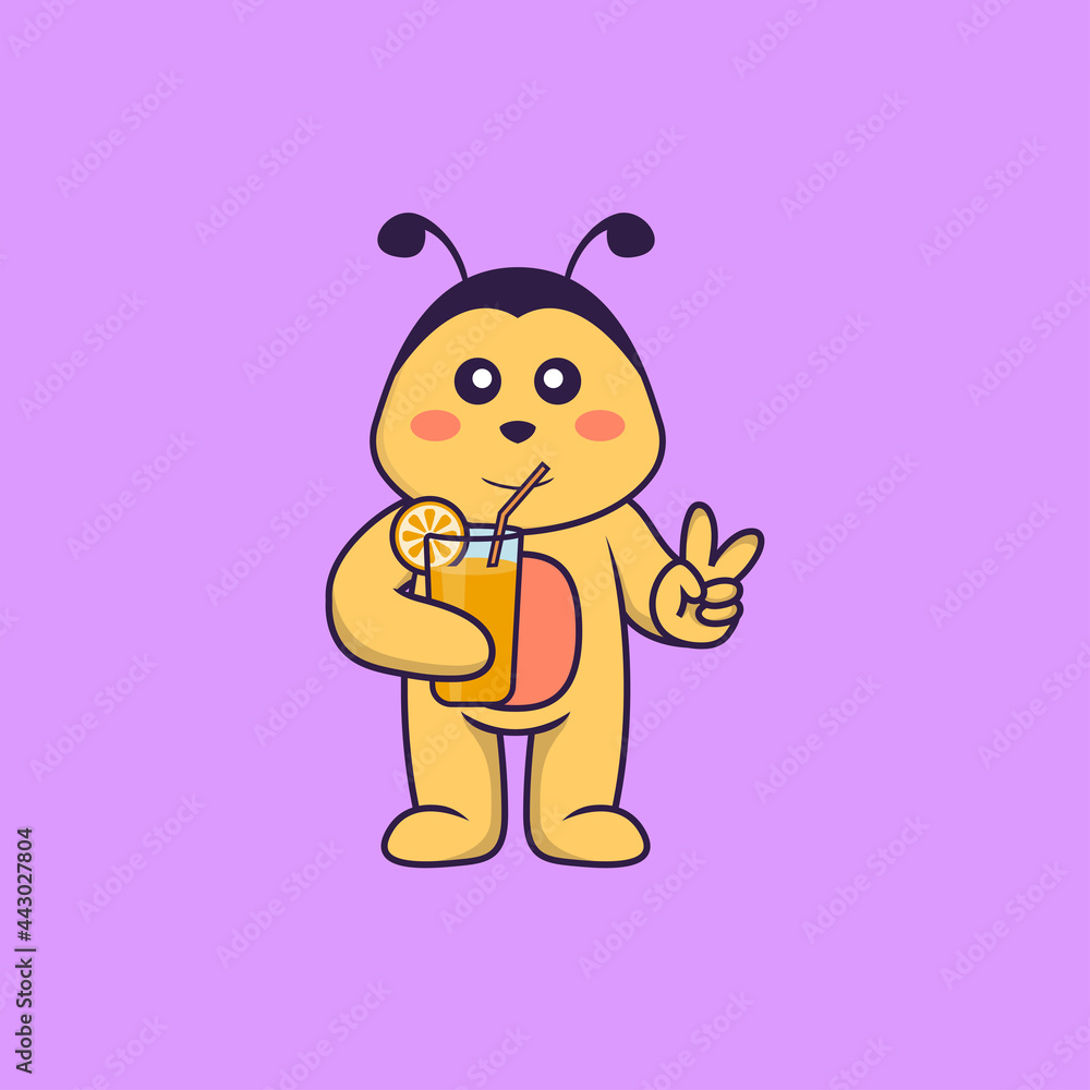 Cute bee holding orange juice in glass. Animal cartoon concept isolated. Can used for t-shirt, greeting card, invitation card or mascot. Flat Cartoon Style Cute bee holding orange juice in glass. Animal cartoon concept isolated. Can used for t-shirt, greeting card, invitation card or mascot. Flat Cartoon Style
