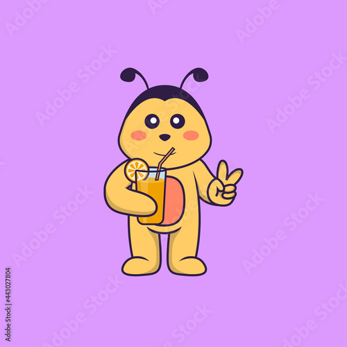 Cute bee holding orange juice in glass. Animal cartoon concept isolated. Can used for t-shirt  greeting card  invitation card or mascot. Flat Cartoon Style
