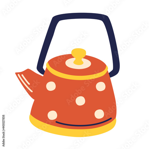 Vintage red teapot with polka dots. Kitchen kettle. Trendy flat vector concept of steaming boiling kettle for web, app, dishes shop decor. Vector illustration isolated on a white background. photo