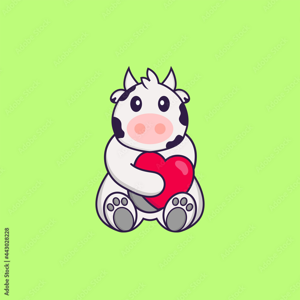 Cute cow holding a big red heart. Animal cartoon concept isolated. Can used for t-shirt, greeting card, invitation card or mascot. Flat Cartoon Style Cute cow holding a big red heart. Animal cartoon concept isolated. Can used for t-shirt, greeting card, invitation card or mascot. Flat Cartoon Style