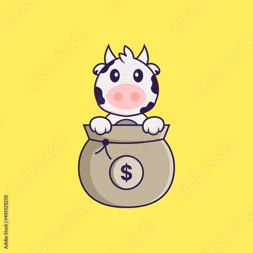 Cute cow playing in money bag. Animal cartoon concept isolated. Can used for t-shirt, greeting card, invitation card or mascot. Flat Cartoon Style