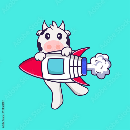Cute cow flying on rocket. Animal cartoon concept isolated. Can used for t-shirt, greeting card, invitation card or mascot. Flat Cartoon Style