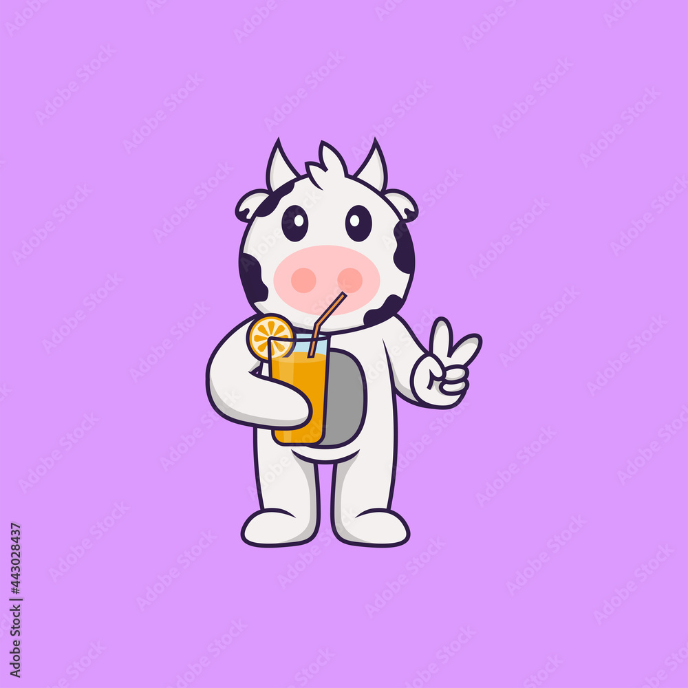 Cute cow holding orange juice in glass. Animal cartoon concept isolated. Can used for t-shirt, greeting card, invitation card or mascot. Flat Cartoon Style Cute cow holding orange juice in glass. Animal cartoon concept isolated. Can used for t-shirt, greeting card, invitation card or mascot. Flat Cartoon Style
