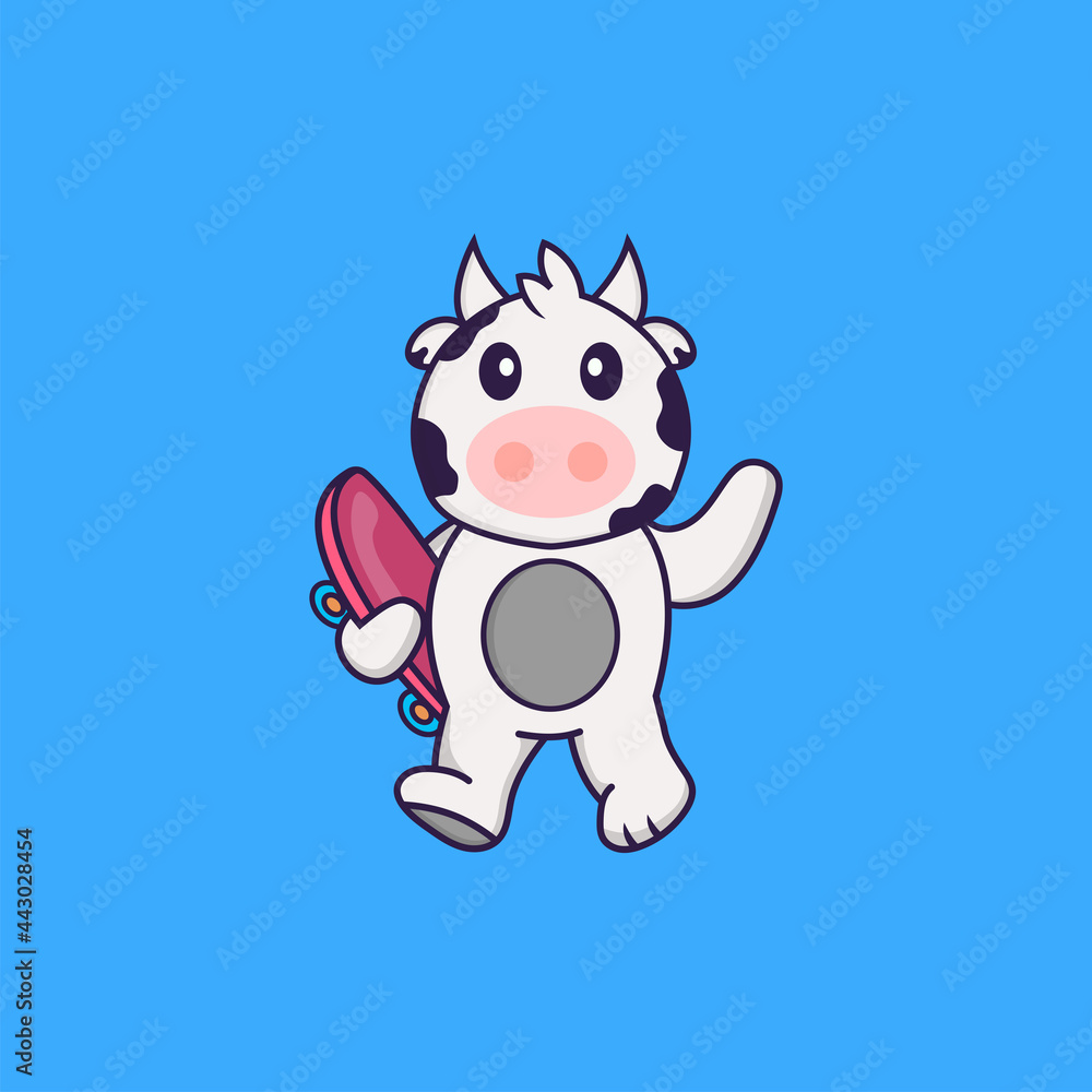 Cute cow holding a skateboard. Animal cartoon concept isolated. Can used for t-shirt, greeting card, invitation card or mascot. Flat Cartoon Style Cute cow holding a skateboard. Animal cartoon concept isolated. Can used for t-shirt, greeting card, invitation card or mascot. Flat Cartoon Style