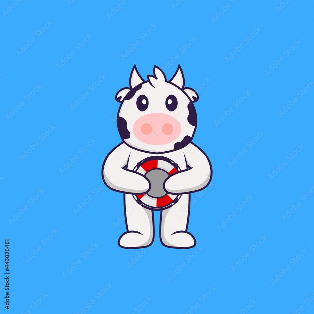 Cute cow holding a buoy. Animal cartoon concept isolated. Can used for t-shirt, greeting card, invitation card or mascot. Flat Cartoon Style Cute cow holding a buoy. Animal cartoon concept isolated. Can used for t-shirt, greeting card, invitation card or mascot. Flat Cartoon Style