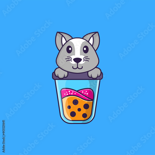 Cute rat Drinking Boba milk tea. Animal cartoon concept isolated. Can used for t-shirt, greeting card, invitation card or mascot. Flat Cartoon Style