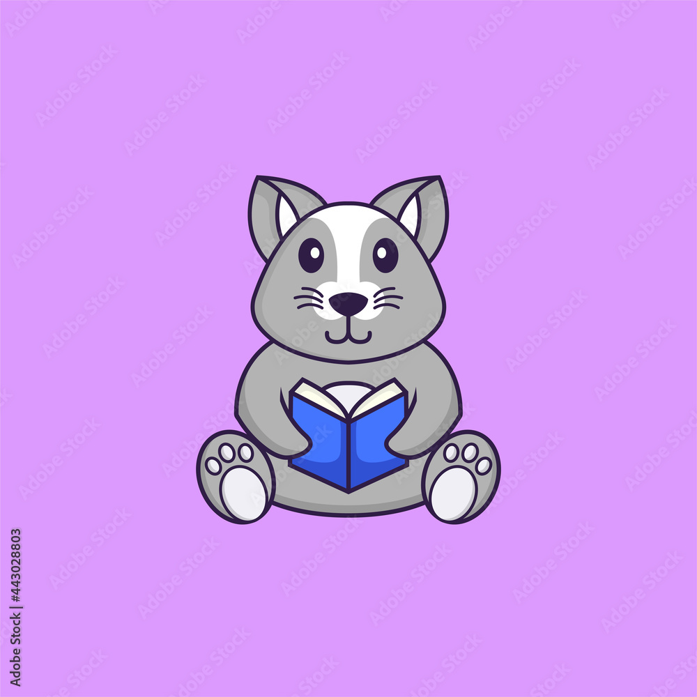 Cute rat reading a book. Animal cartoon concept isolated. Can used for t-shirt, greeting card, invitation card or mascot. Flat Cartoon Style Cute rat reading a book. Animal cartoon concept isolated. Can used for t-shirt, greeting card, invitation card or mascot. Flat Cartoon Style