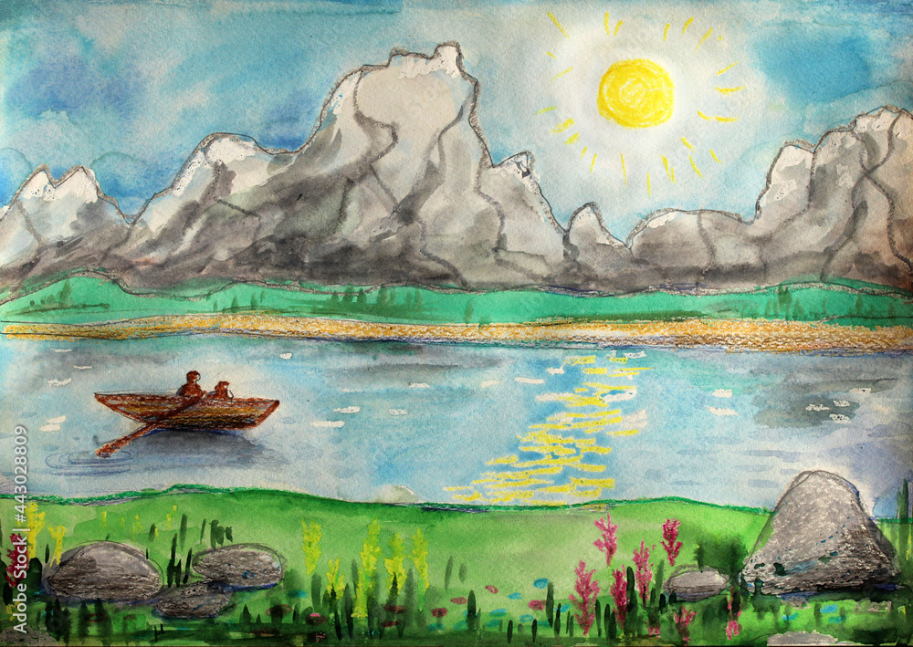 Landscape with a river and mountains painted with watercolors and oil  pastels, the sun behind the
