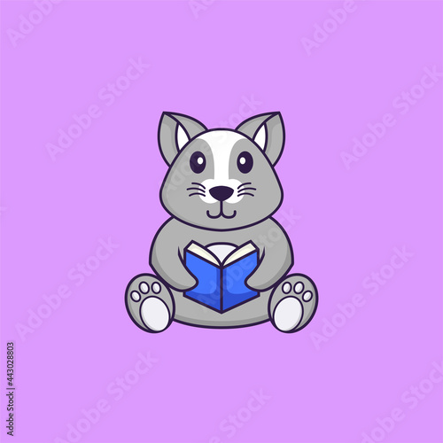 Cute rat reading a book. Animal cartoon concept isolated. Can used for t-shirt, greeting card, invitation card or mascot. Flat Cartoon Style