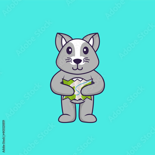 Cute rat holding a map. Animal cartoon concept isolated. Can used for t-shirt  greeting card  invitation card or mascot. Flat Cartoon Style