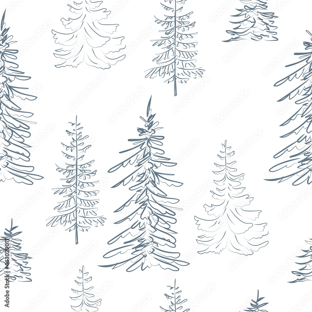 Elegant outline drawing of pine tree seamless pattern. Vector illustration