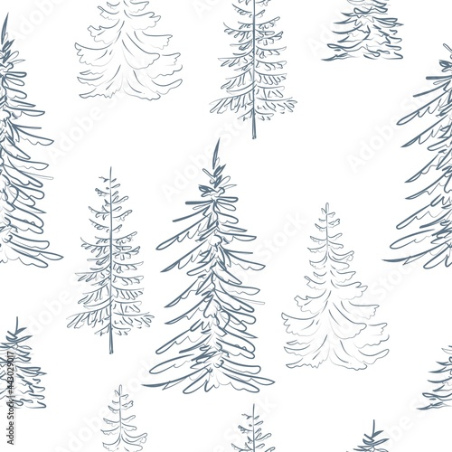 Elegant outline drawing of pine tree seamless pattern. Vector illustration