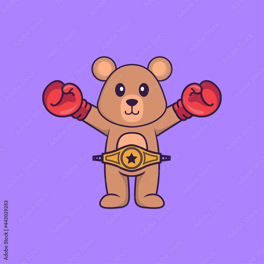 Obraz premium Cute rat in boxer costume with champion belt. Animal cartoon concept isolated. Can used for t-shirt, greeting card, invitation card or mascot. Flat Cartoon Style