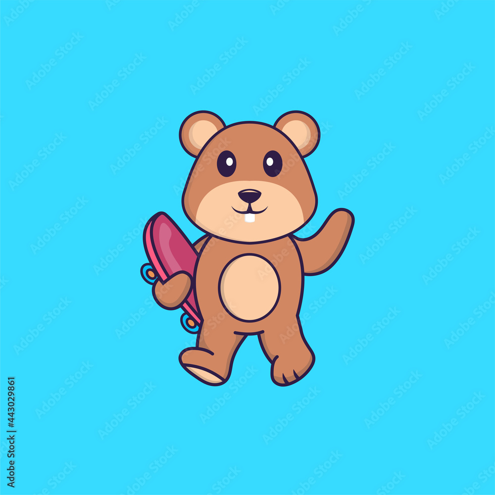 Obraz premium Cute squirrel holding a skateboard. Animal cartoon concept isolated. Can used for t-shirt, greeting card, invitation card or mascot. Flat Cartoon Style