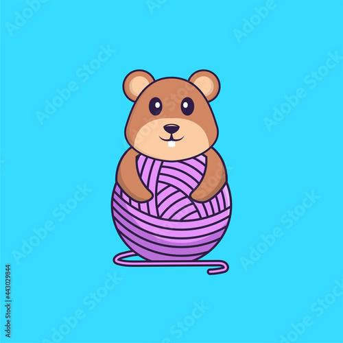 Cute squirrel playing with wool yarn. Animal cartoon concept isolated. Can used for t-shirt, greeting card, invitation card or mascot. Flat Cartoon Style