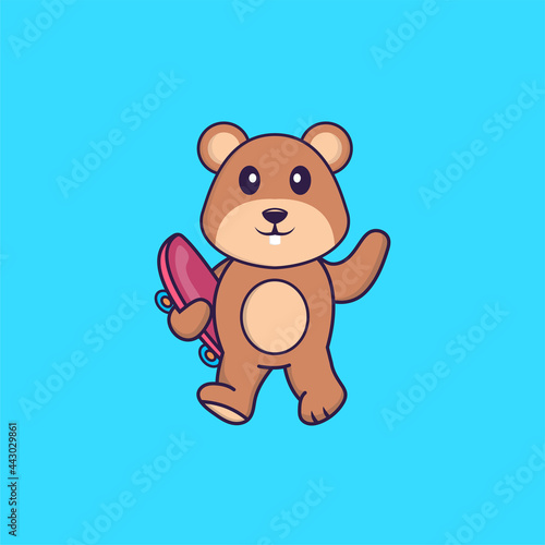 Cute squirrel holding a skateboard. Animal cartoon concept isolated. Can used for t-shirt, greeting card, invitation card or mascot. Flat Cartoon Style