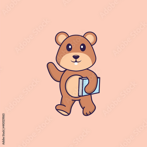 Cute squirrel holding a book. Animal cartoon concept isolated. Can used for t-shirt  greeting card  invitation card or mascot. Flat Cartoon Style