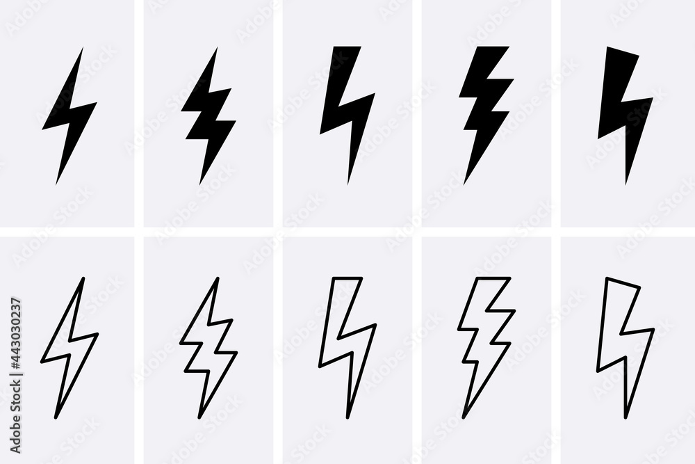 Lightning bolt and thunderbolts Icons set - obrazy, fototapety, plakaty 