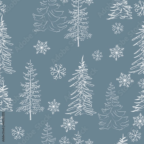 Elegant outline drawing of pine tree seamless pattern. Vector illustration.