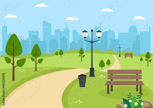 City Park Illustration For People Doing Sport, Relaxing, Playing Or Recreation With Green Tree And Lawn. Scenery Urban Background
