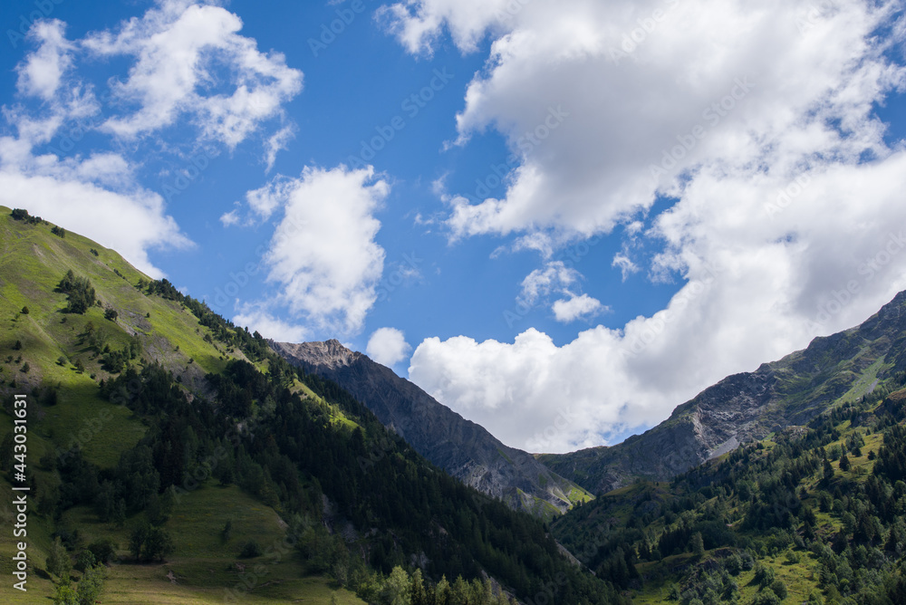 Vue panoramique sur une vallée de haute montagne. Une vallée des Alpes. Un paysage de montagnes en été.