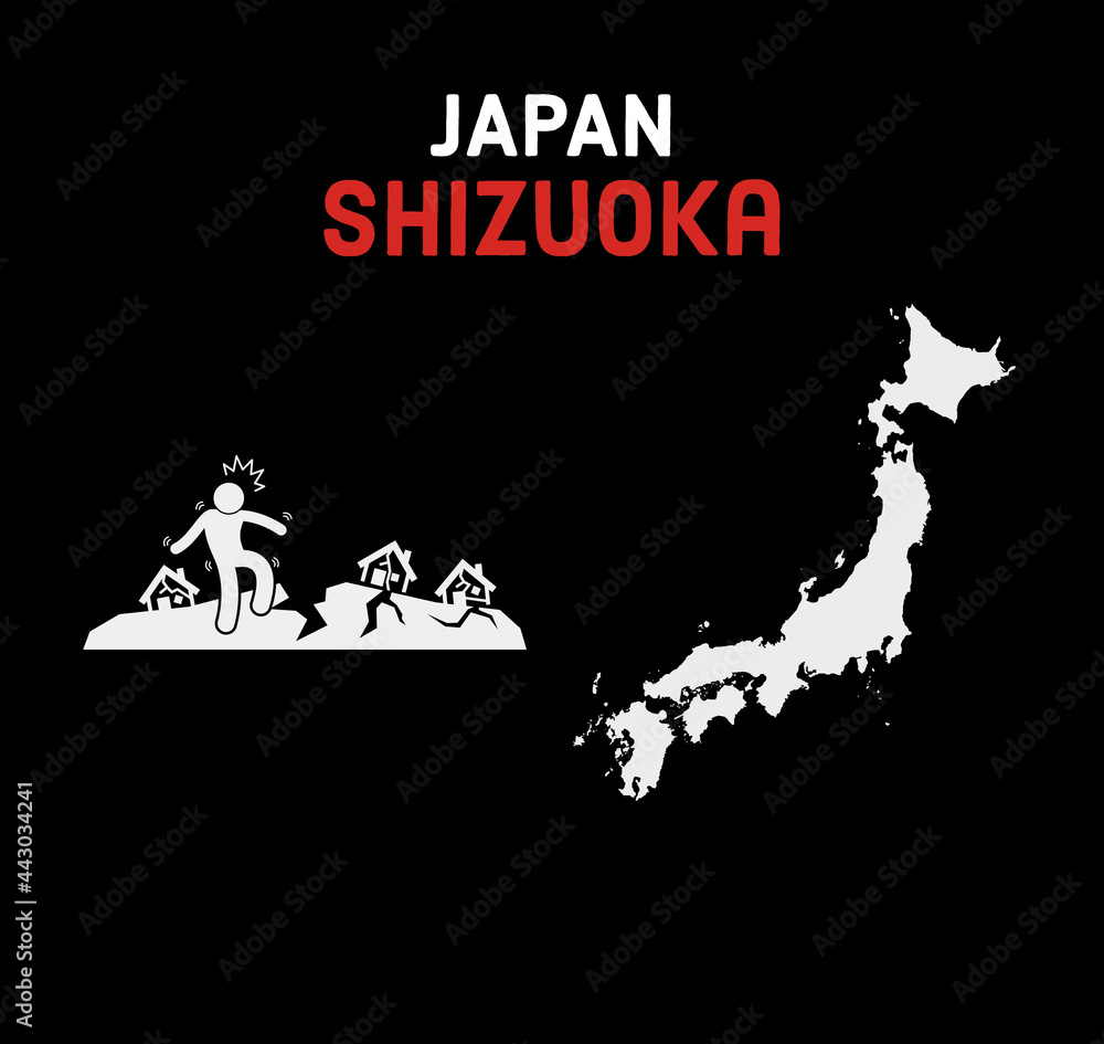 Illustration JAPAN SHIZUOKA with japan map and landslide icon on black background. There was a disaster in Shizuoka prefecture.
