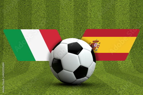 Spain Vs. Italy soccer match. flags with football. 3D Rendering