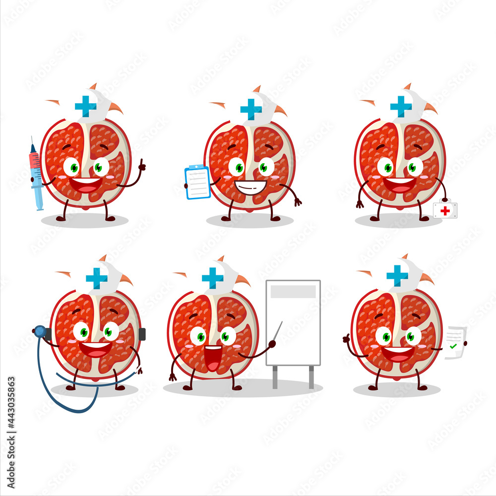 Doctor profession emoticon with slice of pomegranate cartoon character