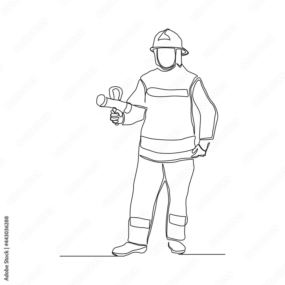 Single one continuous line drawing of young male firefighter wear safety jacket and helmet. Professional work profession and occupation minimal concept. Design graphic vector illustration Single one continuous line drawing of young male firefighter wear safety jacket and helmet. Professional work profession and occupation minimal concept. Design graphic vector illustration