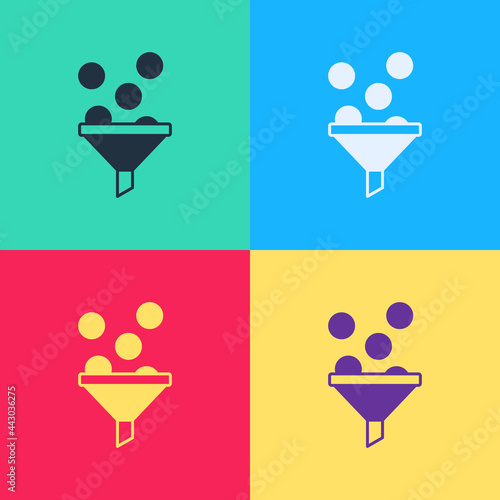 Pop art Lead management icon isolated on color background. Funnel with money. Target client business concept. Vector