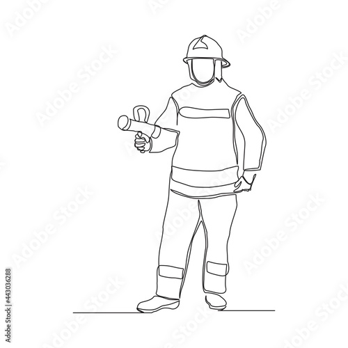 Single one continuous line drawing of young male firefighter wear safety jacket and helmet. Professional work profession and occupation minimal concept. Design graphic vector illustration