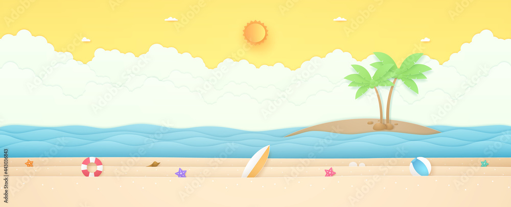 Summer Time, seascape, landscape, starfish, balloon and summer stuff on beach with wavy sea and coconut tree on island, bright sun and sunny sky, paper art style