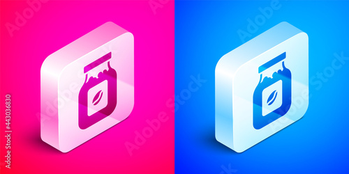 Isometric Coffee jar bottle icon isolated on pink and blue background. Silver square button. Vector