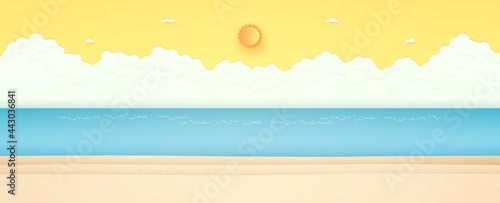Summer Time, seascape, landscape, blue sea with beach, bright sun and orange sunny sky, paper art style