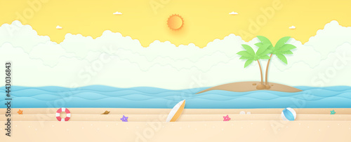 Summer Time, seascape, landscape, starfish, balloon and summer stuff on beach with wavy sea and coconut tree on island, bright sun and sunny sky, paper art style