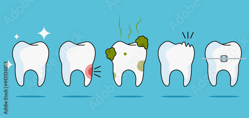 Happy teeth set. Cute tooth characters. Dental personage vector illustration. Dental concept for your design. Illustration for children dentistry. Oral hygiene, teeth cleaning. Teeth poster.