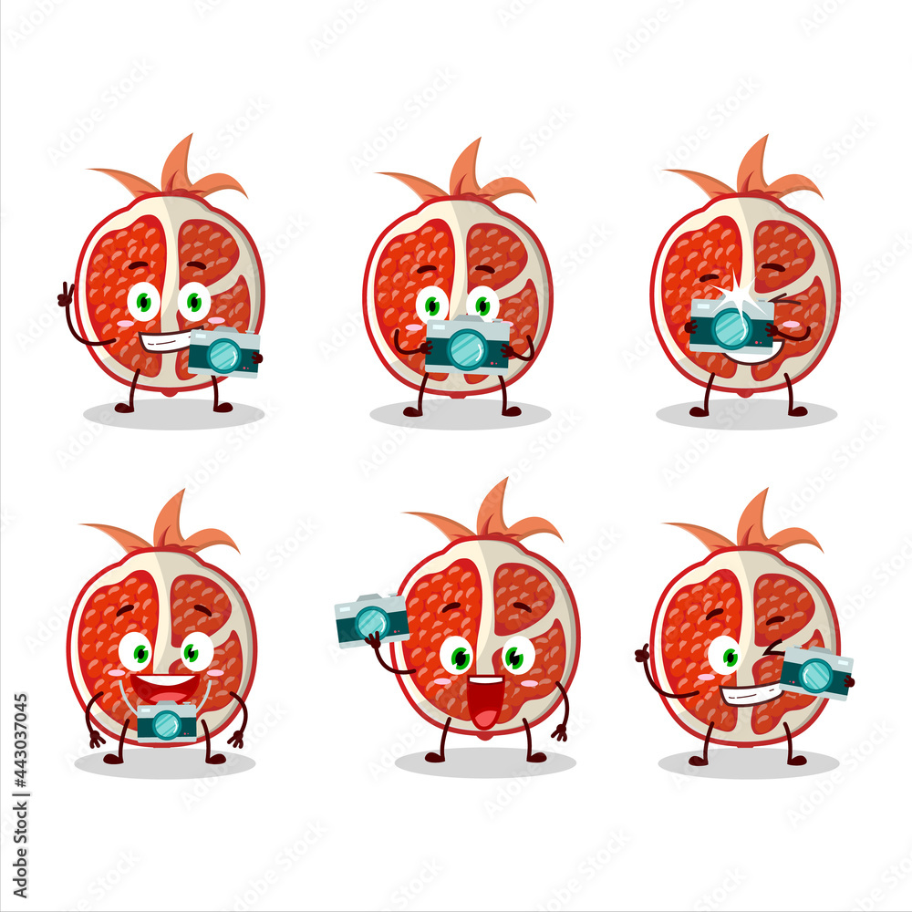 Photographer profession emoticon with slice of pomegranate cartoon character Photographer profession emoticon with slice of pomegranate cartoon character