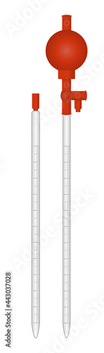 Vector set of two glass graduated glass transfer pipette icons isolated on white background. Pipette dropper with piston, red rubber suction bulb, safety pipette filler, pipetting ball, peleus ball. 