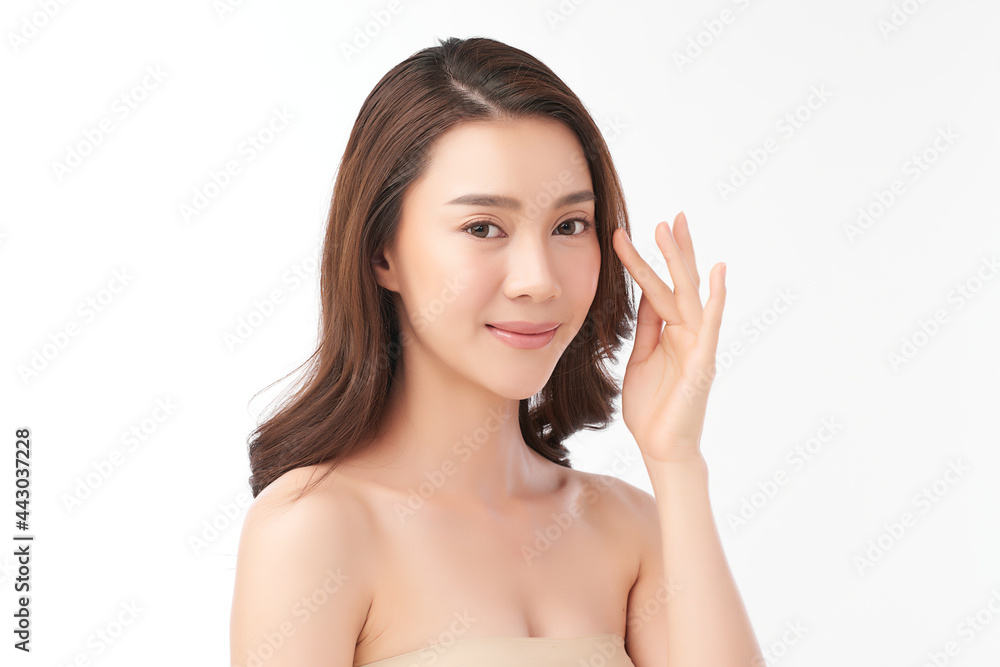 Beautiful young asian woman with clean fresh skin on white background, Face care, Facial treatment, Cosmetology, beauty and spa, Asian women portrait.
