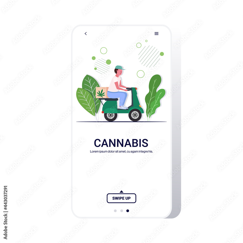 Naklejka premium courier man riding scooter medical marijuana cannabis delivery service drug consumption concept smartphone screen mobile app full length copy space