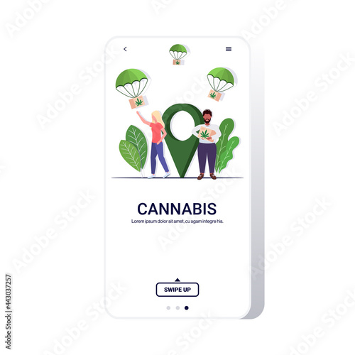 mix race couple catching cannabis parcel box falling down with parachute from sky marijuana air mail express delivery drug consumption concept full length flat mobile app copy space