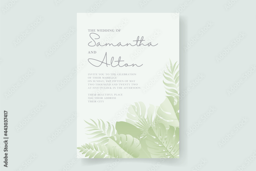 Wedding invitation card template with tropical leaves design Wedding invitation card template with tropical leaves design